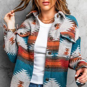 Flannel Distressed Aztec Shirt Jacket/Shacket Small